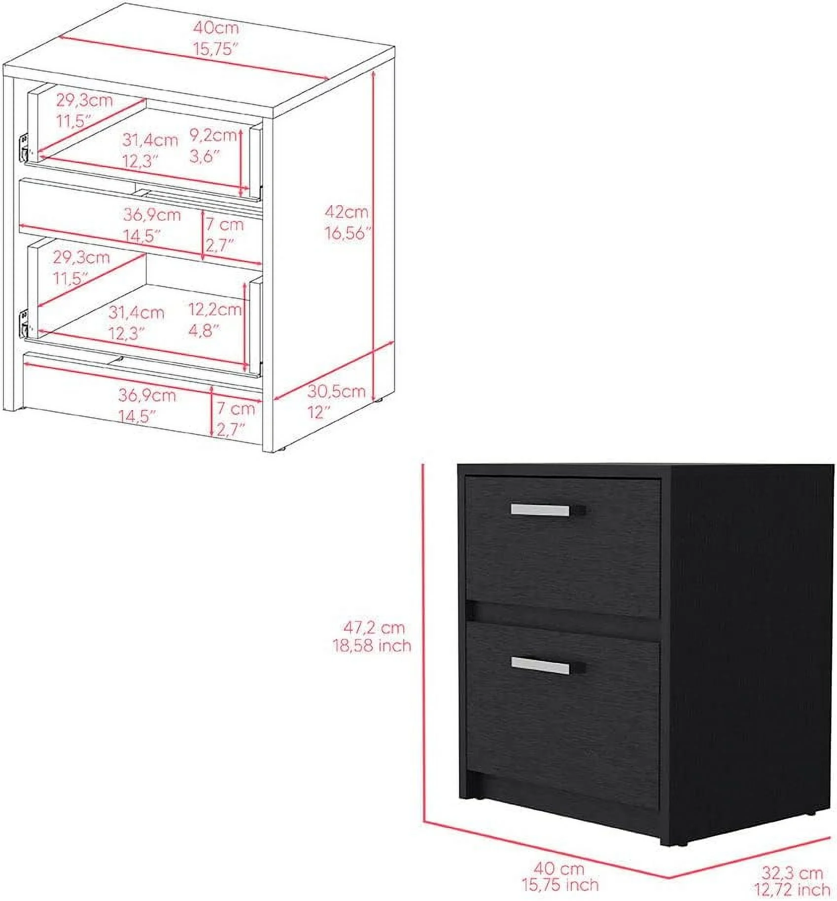 Nightstand Chequered, Two Drawers -Black -Bedroom