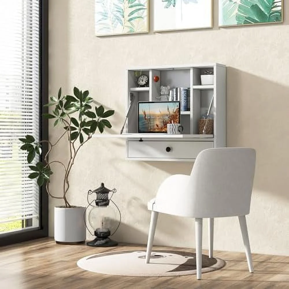 HJNIUNIU Wall Mounted Desk  Multi- Floating Desk Wall Mount Laptop Desk  Space Saving Wall Mounted Table Wall Desk with  Drawer and Shelves (Black)