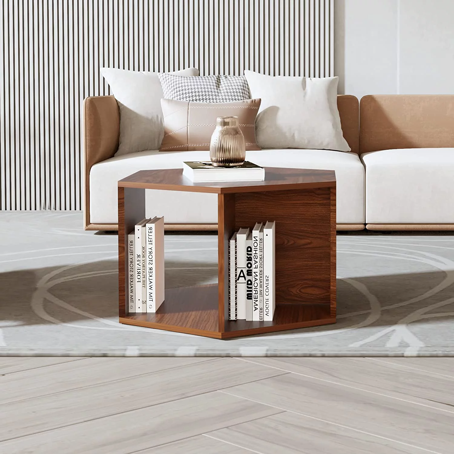 WELLAND Hexagonal Multifunctional Coffee Table, Walnut Finished