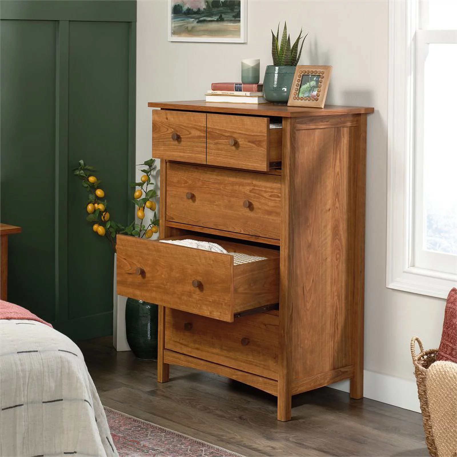 Pemberly Row Engineered Wood 4-Drawer Bedroom Chest in Prairie Cherry