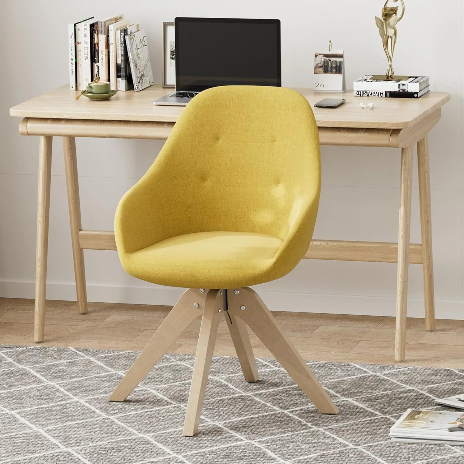 IKIFLY Modern Swivel Accent Chair, Upholstered Armchair Desk Chair No Wheels with Solid Wood Legs, Mid-Century Dining Chair for Dining Living Room Home Office (Yellow)