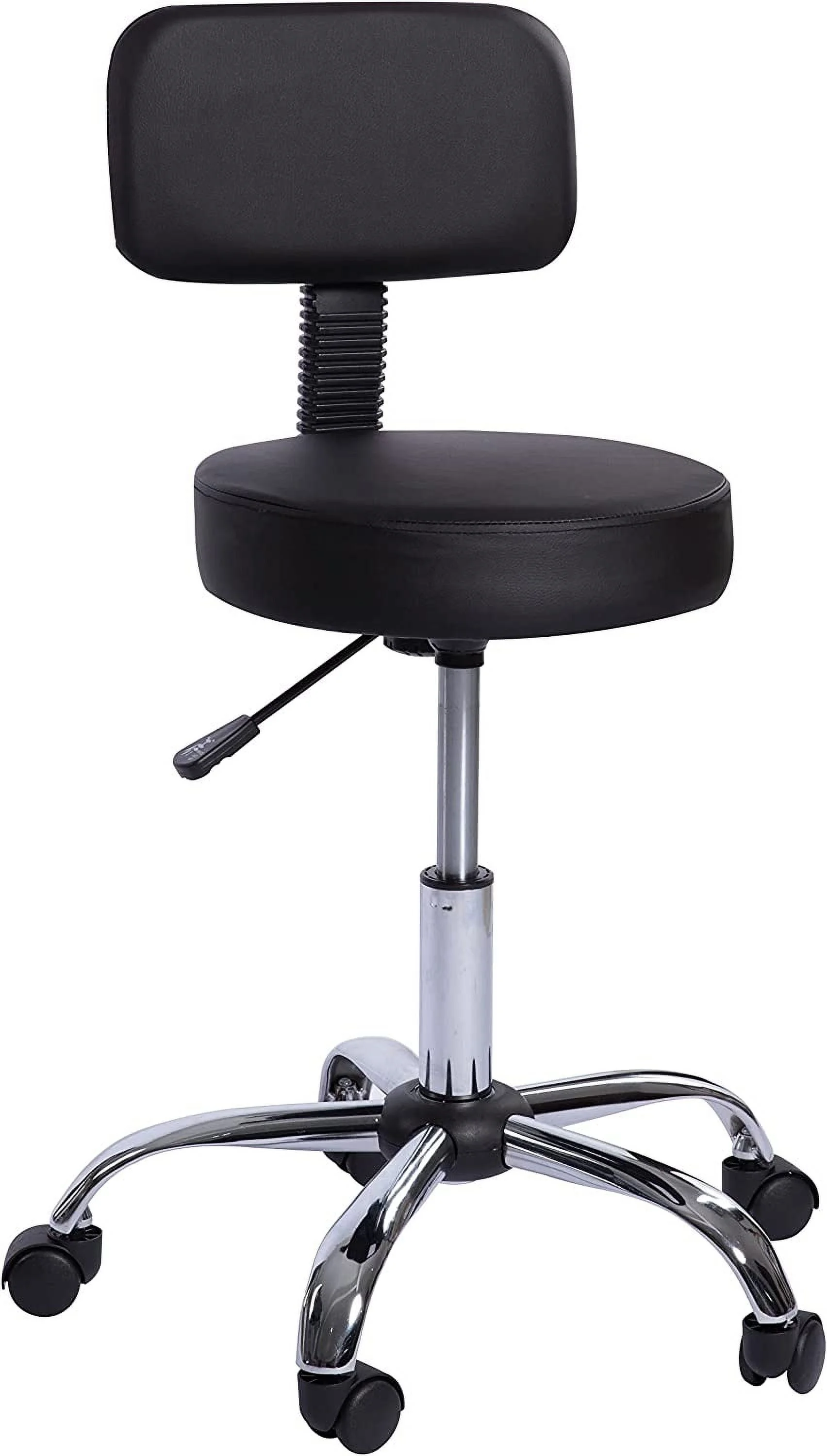 Mara Adjustable Height Drafting Stool with Wheels and Backrest, Space-Saving Faux Leather Rolling Stool Black