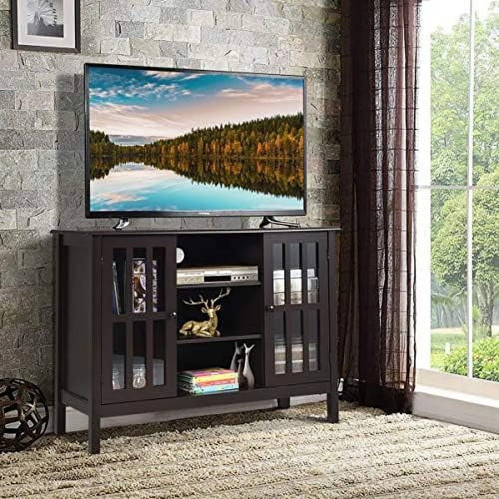 HOOMHIBIU TV Stand  Modern Tall Entertainment Center for TVs up to 50"  Media Console w/2  Cabinets & 3 Open Shelves  Wire Hole  Wood TV Console Table for Living Room  Brown