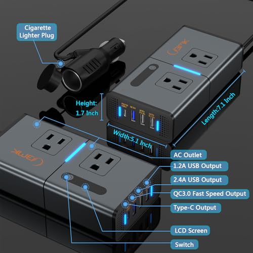 BMK 200W Car Power Inverter Newly Car Plug Adapter Outlet Charger DC 12V to 110V Car Inverter with 1.2A&2.4A USB, 1 QC3.0 USB and 1 Type C Ports Black