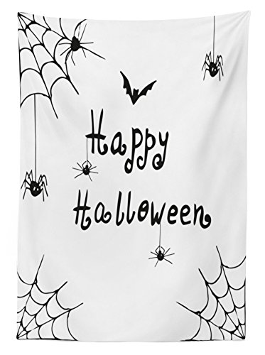 Ambesonne Halloween Outdoor Tablecloth, Happy Spooky Season Celebration Monochrome Hand Drawn Style Creepy Cartoon Art, Decorative Washable Picnic Table Cloth, 58