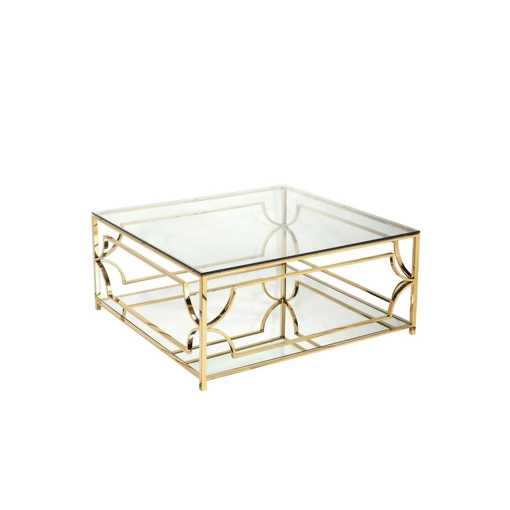 American Home Classic Edward Square Metal and Glass Coffee Table in Polish Gold