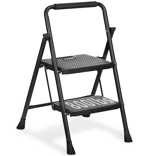 3 Step Ladder, Miscoos Folding Step Stool for Adults with Wide Anti-Slip Pedal, Sturdy Steel Ladder, Lightweight, Convenient Handgrip, Portable Kitchen& Household Small Step Ladder, Black