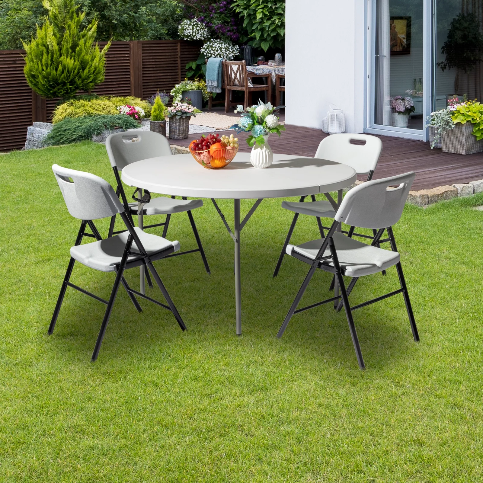 Ktaxon 4 Ft Outdoor Round Folding Plastic Dining Table for Picnic ,White, Indoor/Outdoor, Home, Kitchen, Heavy Duty Dining Party Picinic Table