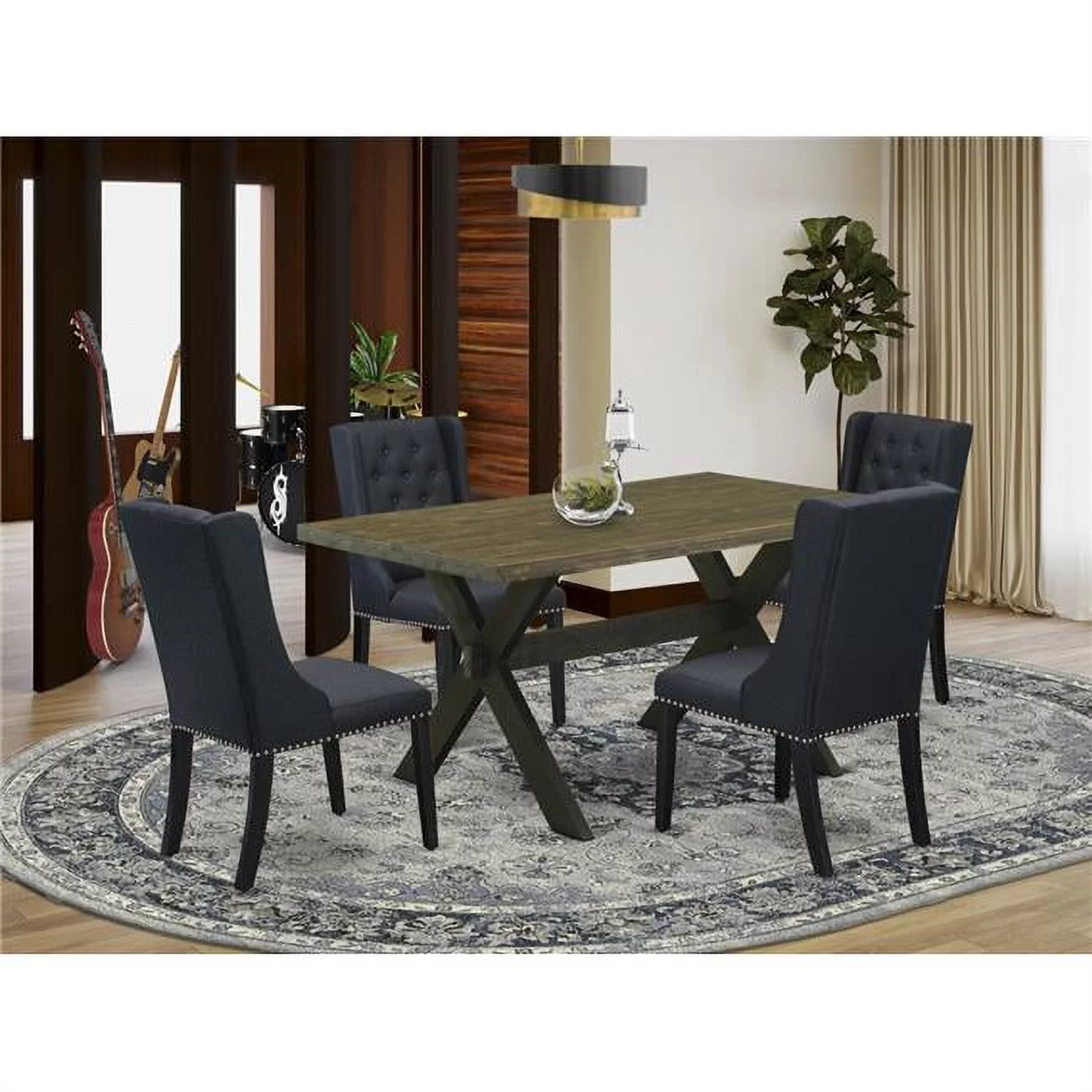 5 Piece X-Style Dining Room Table Set - Wire Brush Black
