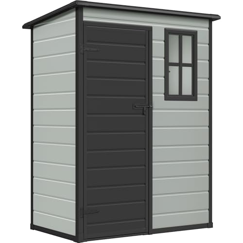 DWVO 5x3 FT Outdoor Storage Shed with Floor, All-Weather Resin Storage Shed with Lockable Door & Window, Waterproof Plastic Tool Storage for Garden, Backyard, Patio, Lawn, Blue-Gray