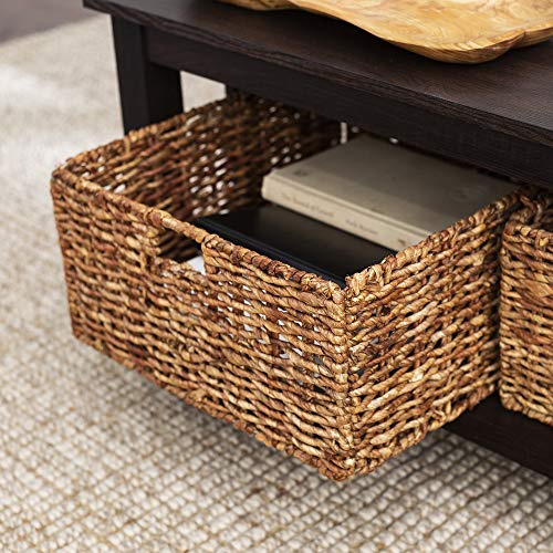 Walker Edison Coastal Black Living Room Coffee Table with Lower Shelf and Faux Rattan Wicker Baskets, 40 Inch