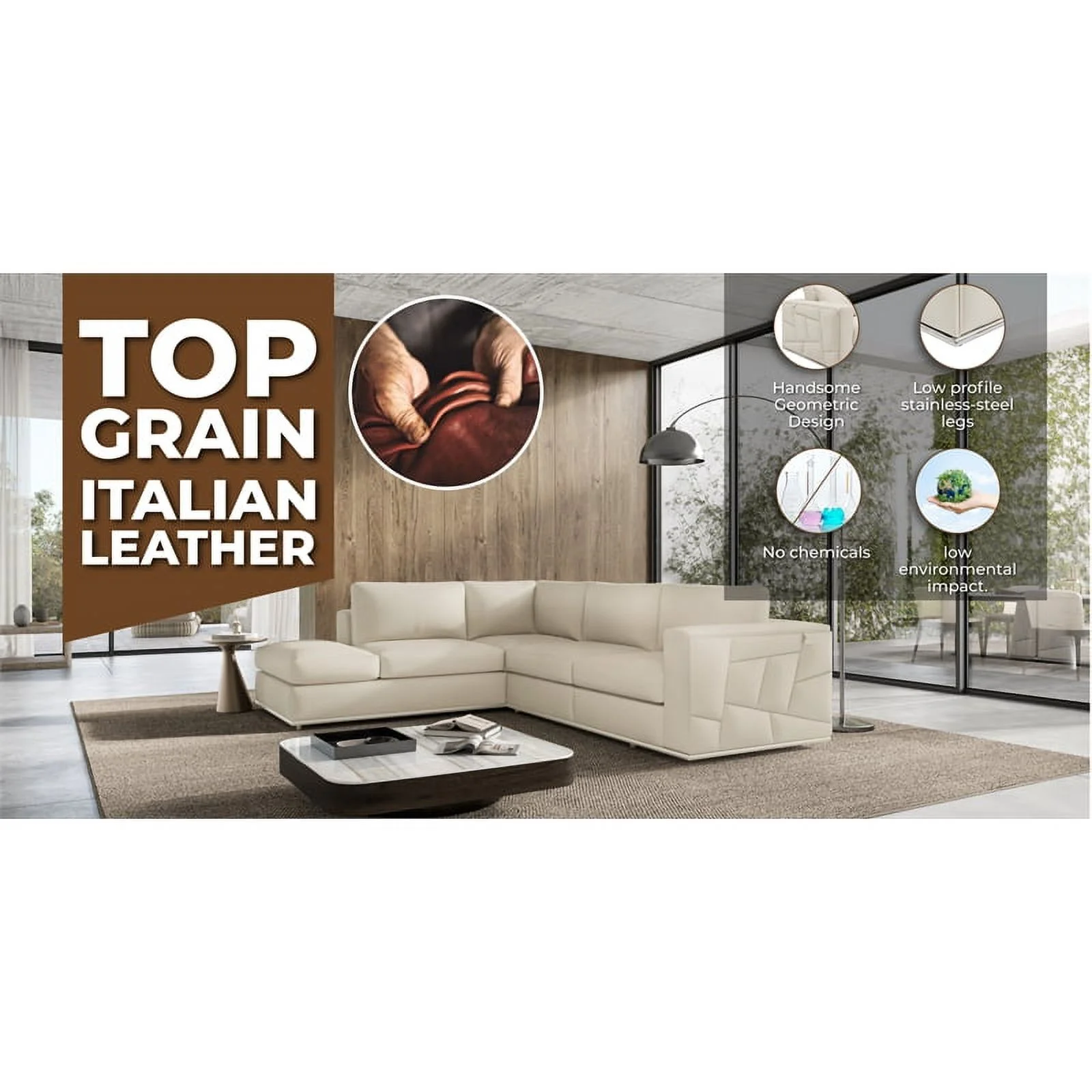 Titan Furnishings Transitional Italian Top Grain Leather Sectional White