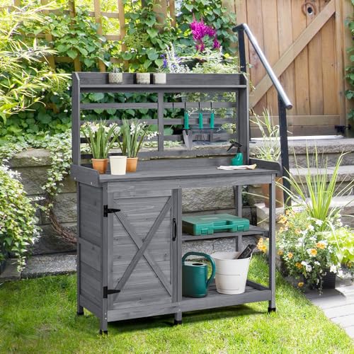 Yaheetech Outdoor Potting Bench, Large Horticulture Work Table Workstation with Storage Cabinet Shelf & Planting Working Console for Patio/Lawn/Garden - Wood