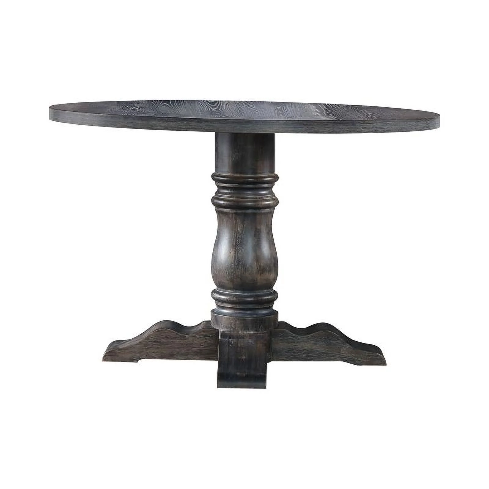 Wooden Round Dining Table With Heavy Pedestal Feet in Weathered Gray