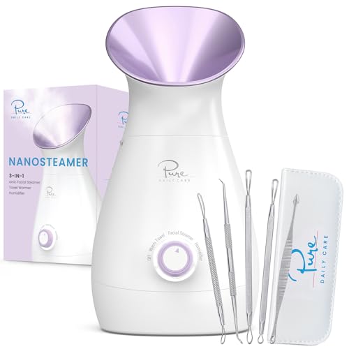 Pure Daily Care NanoSteamer Large 3-in-1 Nano Ionic Facial Steamer with Precise Temp Control - Humidifier - Unclogs Pores - Blackheads - Spa Quality - Bonus 5 Piece Stainless Steel Skin Kit (Teal)