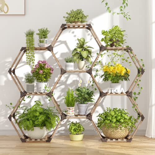 Tikea Plant Stand Indoor Hexagonal Plant Stand for Multiple Plants Indoor Outdoor Large Wooden Plant Shelf Creative DIY 6 Tiered Flowers Stand Rack for Living Room Balcony Patio Window