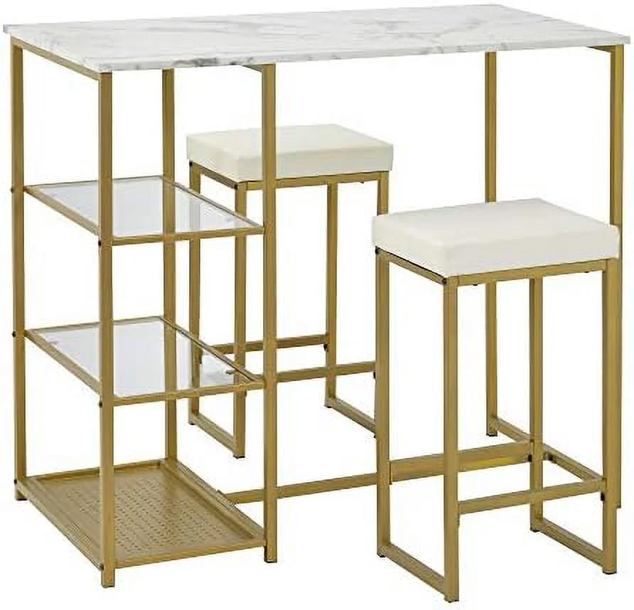 TJUNBOLIFE 3 Piece Pub Table Set with Solid Metal Frame  Industrial Dining Table with 2 Chairs for Kitchen  Breakfast Nook  Dining Room  Living Room  Small Space (White/Gold)
