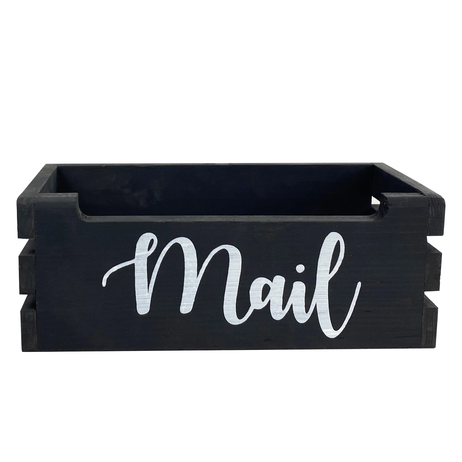Rustic Wood Mail Holder Storage Box, Mail Letter Holder, Farmhouse Mail Organizer Countertop, Desktop Organizer Bin with Mail Script Design - Black