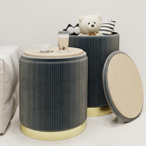 Twira Round Ottoman with Storage Set of 2, Velvet Nesting Ottoman for Living Room,Bedroom,Dorm,RV, Flip-up Lid Coffee Table, Upholstered Makeup Vanity Stool,Multifunctional Foot Rest 330lbs Load Grey