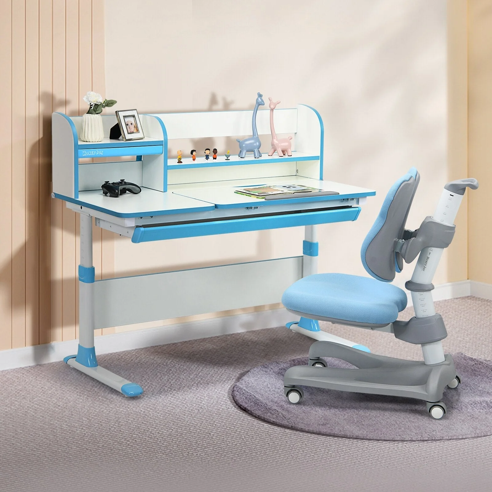 Blue Adjustable Kids Study Desk Drafting Table Chair Set w/ Bookshelf