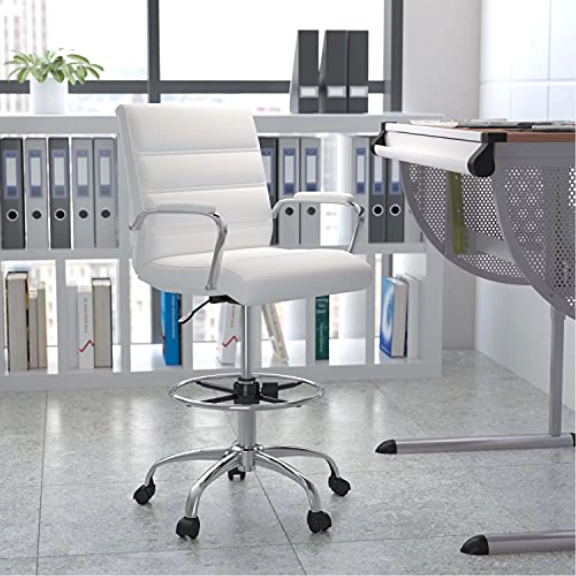 Flash Furniture Faux Leather Mid Back Drafting Stool, White