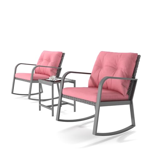 3 Piece Rocking Bistro Patio Set, Outdoor Rocking Chair, Outdoor Bistro Sets Wicker Patio Furniture Rocking Chairs Sectional Couch with Tempered Glass Top Coffee Table & Cushions, Dark Blue