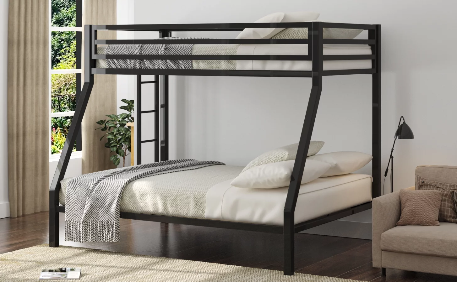 Allewie Twin Over Full Metal Bunk Bed with Removable Stairs & Full-Length Guardrail, Black