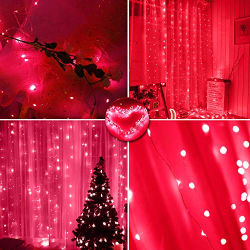 300 LED Curtain Christmas String Lights, Backdrop Fairy Lights With Remote Control USB Power 8 Lighting Modes Window Red Lights for Bedroom, Home, Xmas, Valentines Day Decor - 9.8ft x 9.8ft