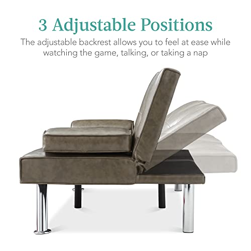 Best Choice Products Faux Leather Upholstered Modern Convertible Futon, Adjustable Folding Sofa Bed, Guest Bed w/Removable Armrests - Blue