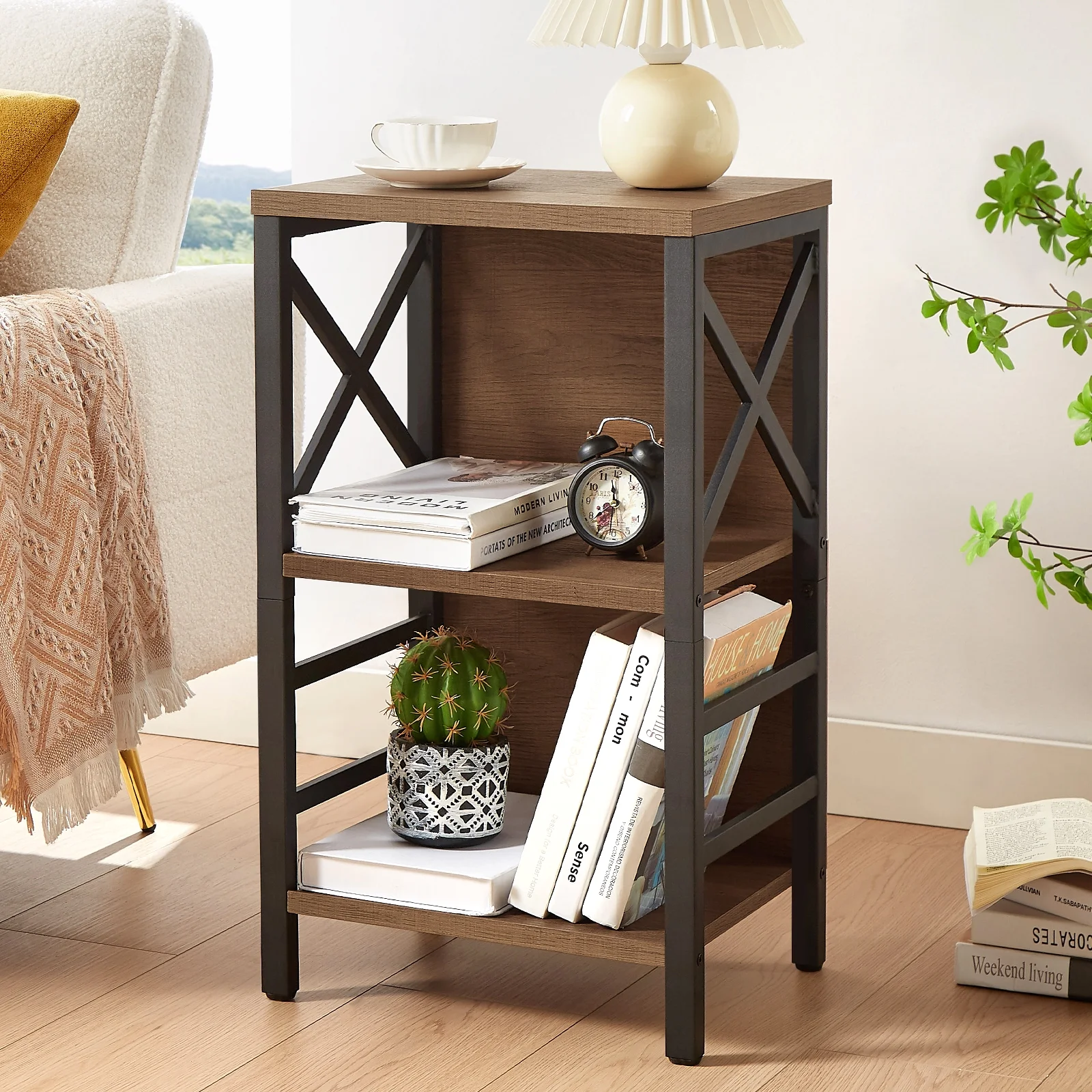 Industrial 3 Tier Bookshelf, Rustic Wood and Metal Bookcase, FreeStanding Storage Small Bookshelf for Small Space, Living Room, Bedroom and Home Office, Brown
