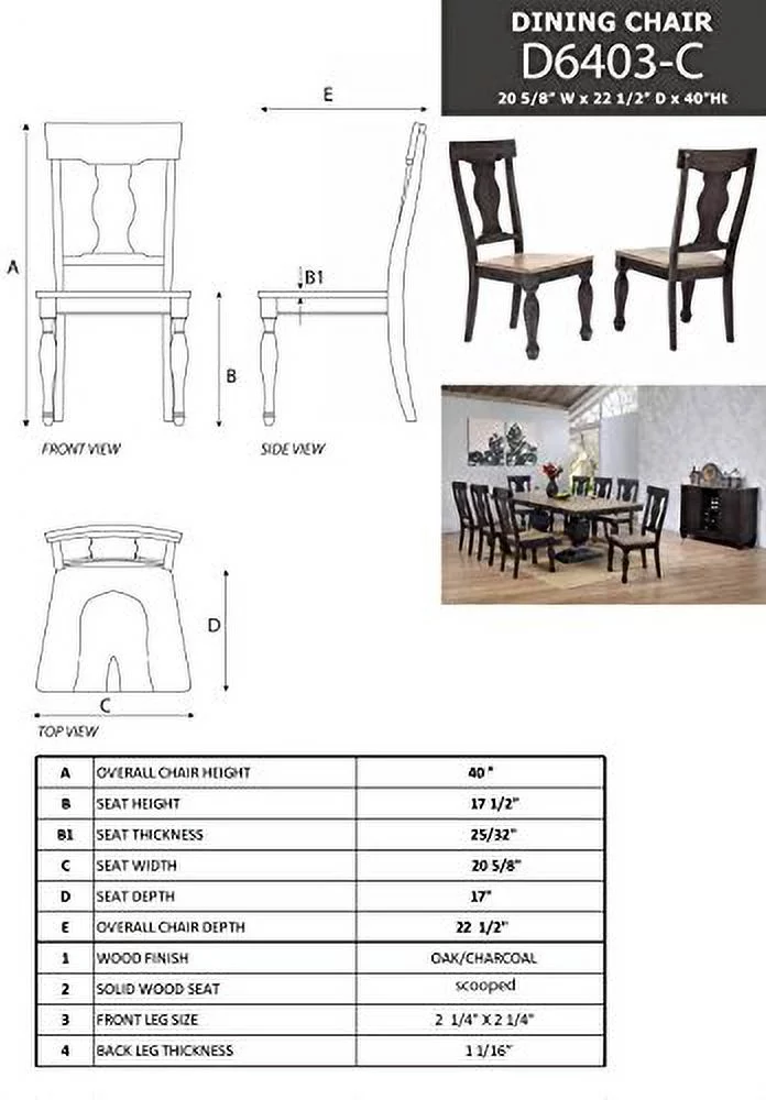 Kings Brand Alleyton Charcoal & Oak Wood Dinette Dining Room Side Chairs, Set of 2