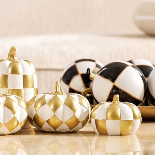 WDS WONDROUS 7PCS Decorative Pumpkins Black and White Halloween & Fall Decor Thanksgiving - Faux Checkered Pumpkins Table Centerpieces - Modern Resin Pumpkin Decorations for Farmhouse