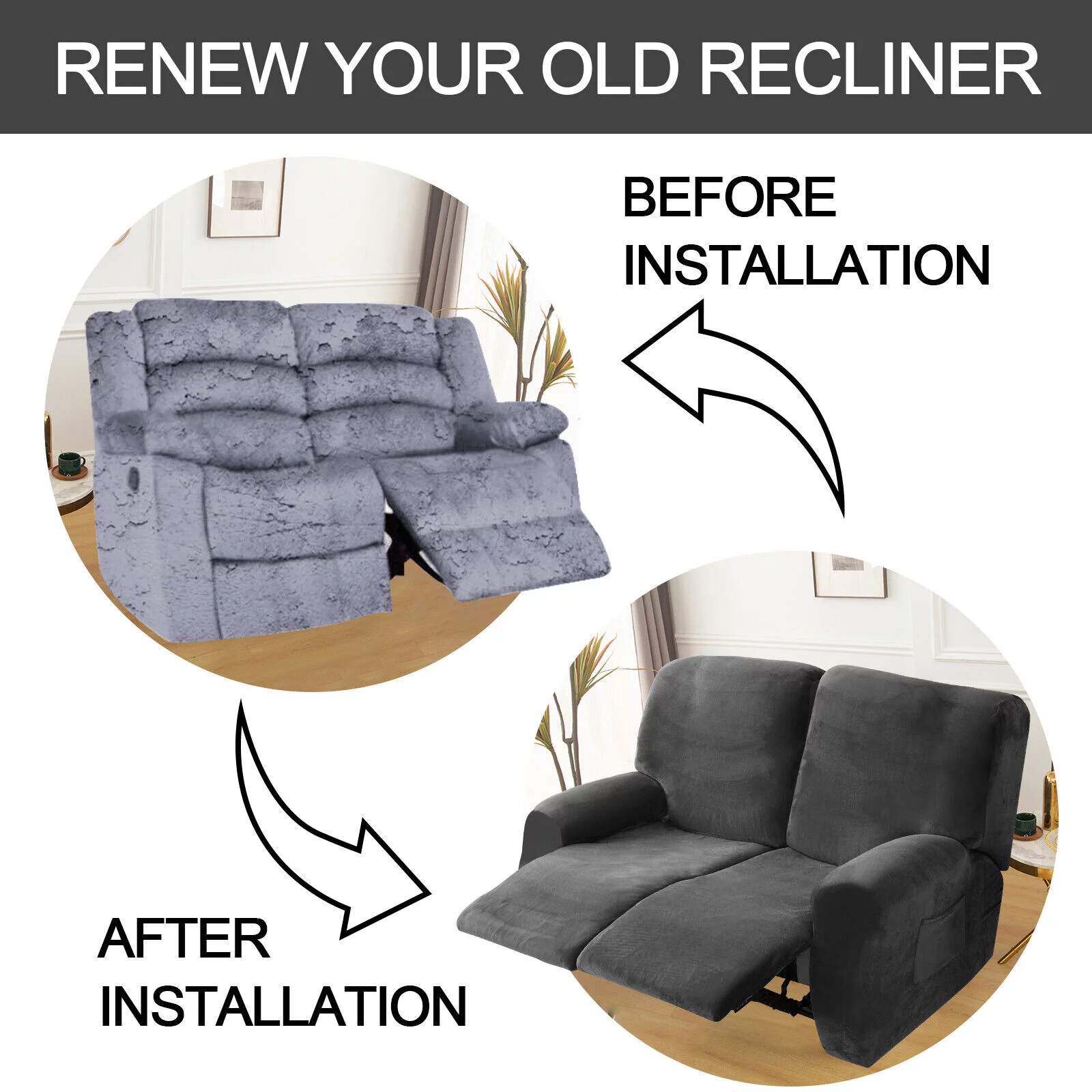 Stretch Recliner Loveseat Cover, 6 Pieces 2-Seater Sofa Slipcovers Non-slip Recliner Cover with Pocket, Dark Grey