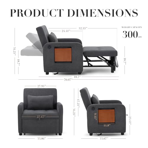 COLAMY Convertible Sleeper Chair-Fabric Futon Sofa Bed, Single Sleeper Sofa, Small Couch Bed with USB Port, Foldable Table, Pillow, Adjustable Backrest for Dorm/Bedroom/College Lightgrey