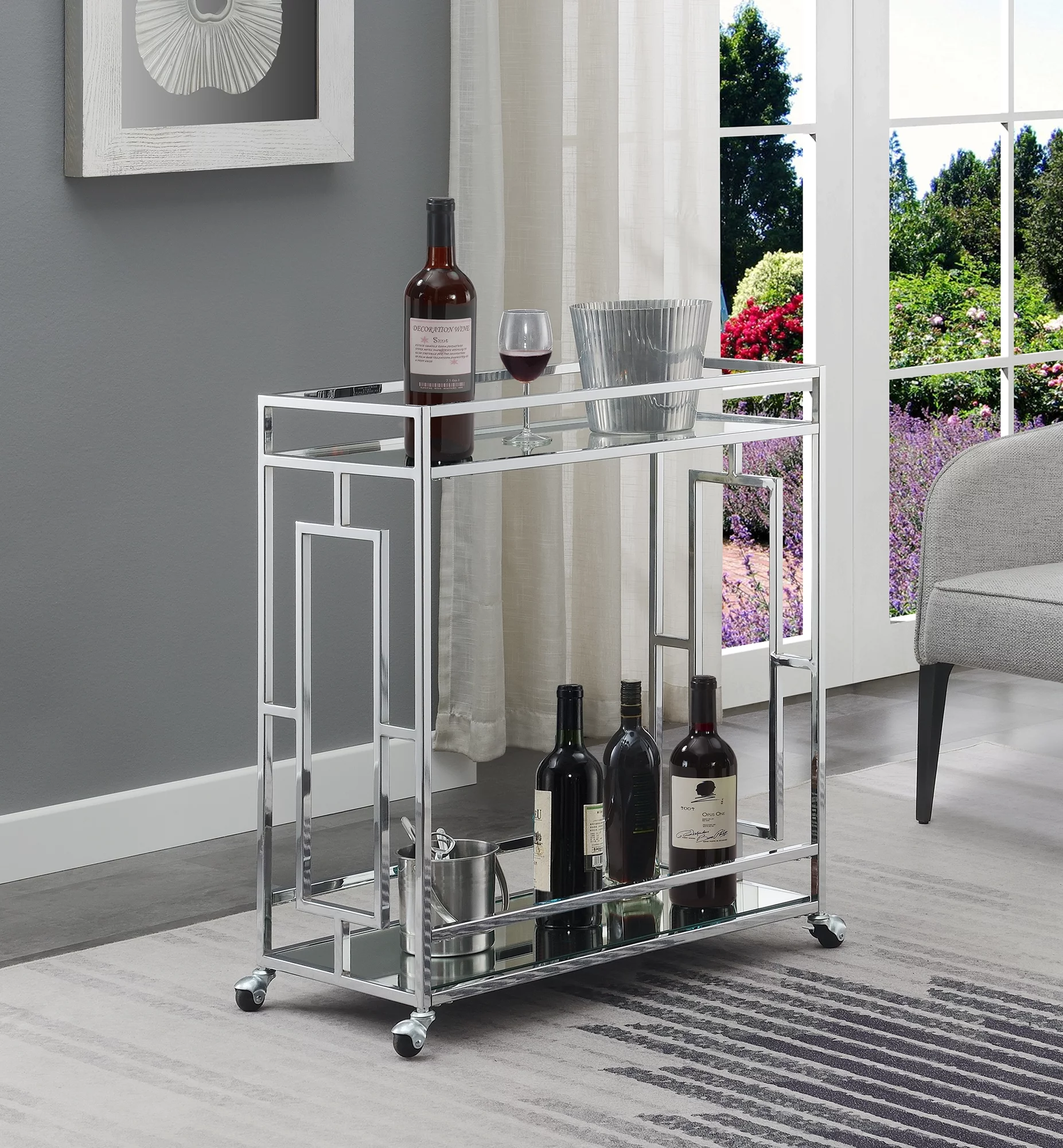Convenience Concepts Town Square 2 Tier Bar Cart, Glass/Mirror/Chrome