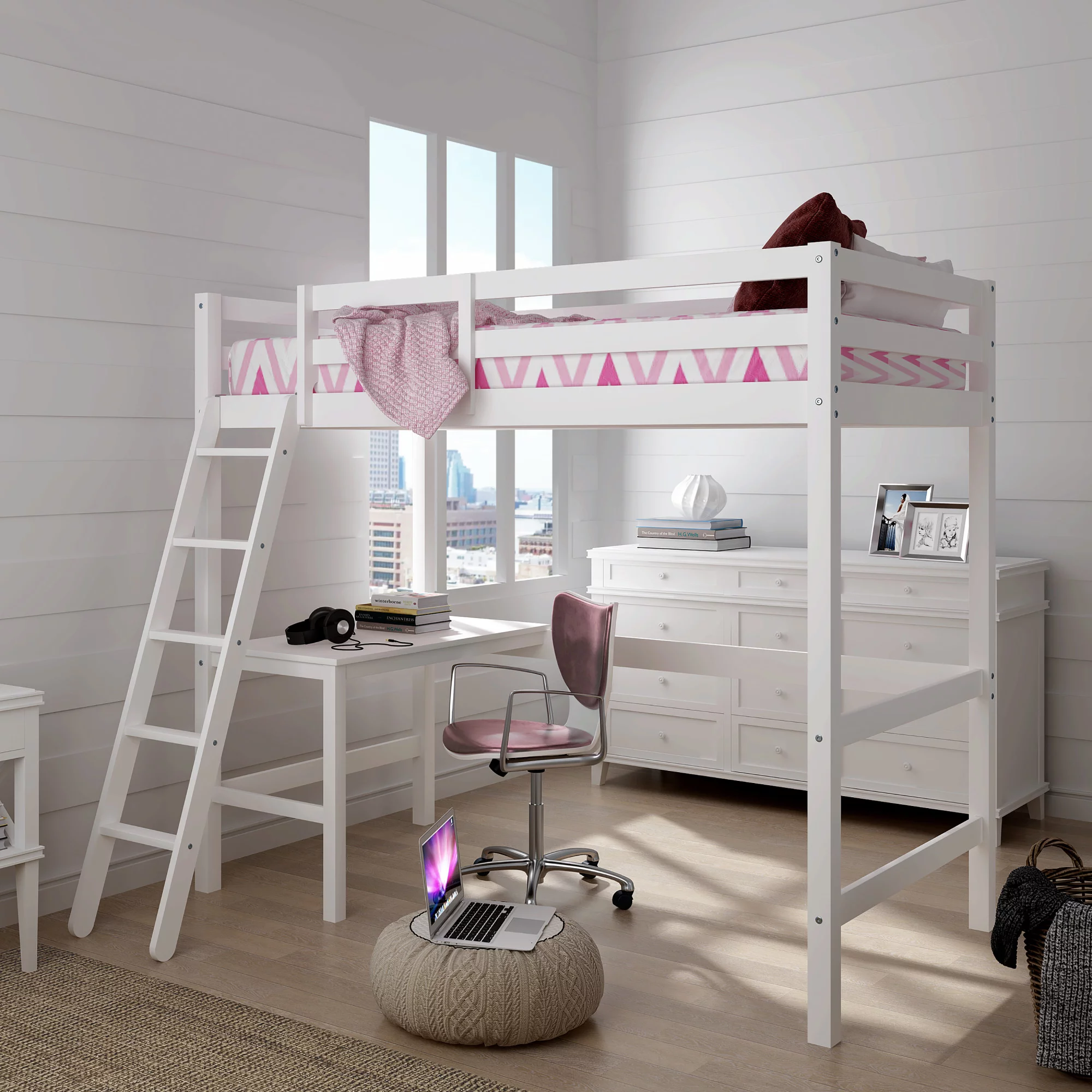Hillsdale Campbell Wood Twin Loft Bunk Bed with Desk, White