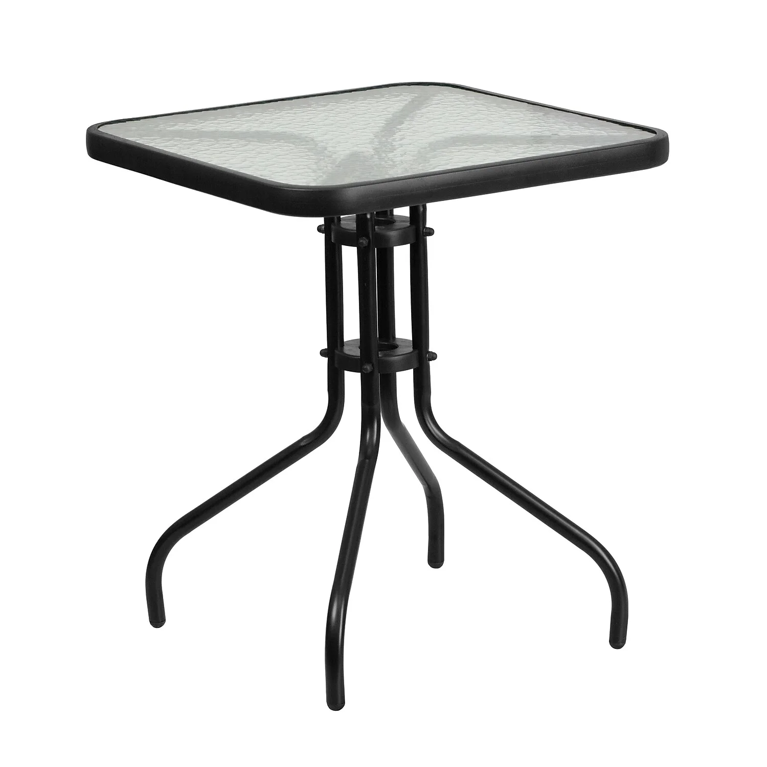 Flash Furniture 23.5'' Square Glass Metal Table with 2 Black Metal Aluminum Slat Stack Chairs