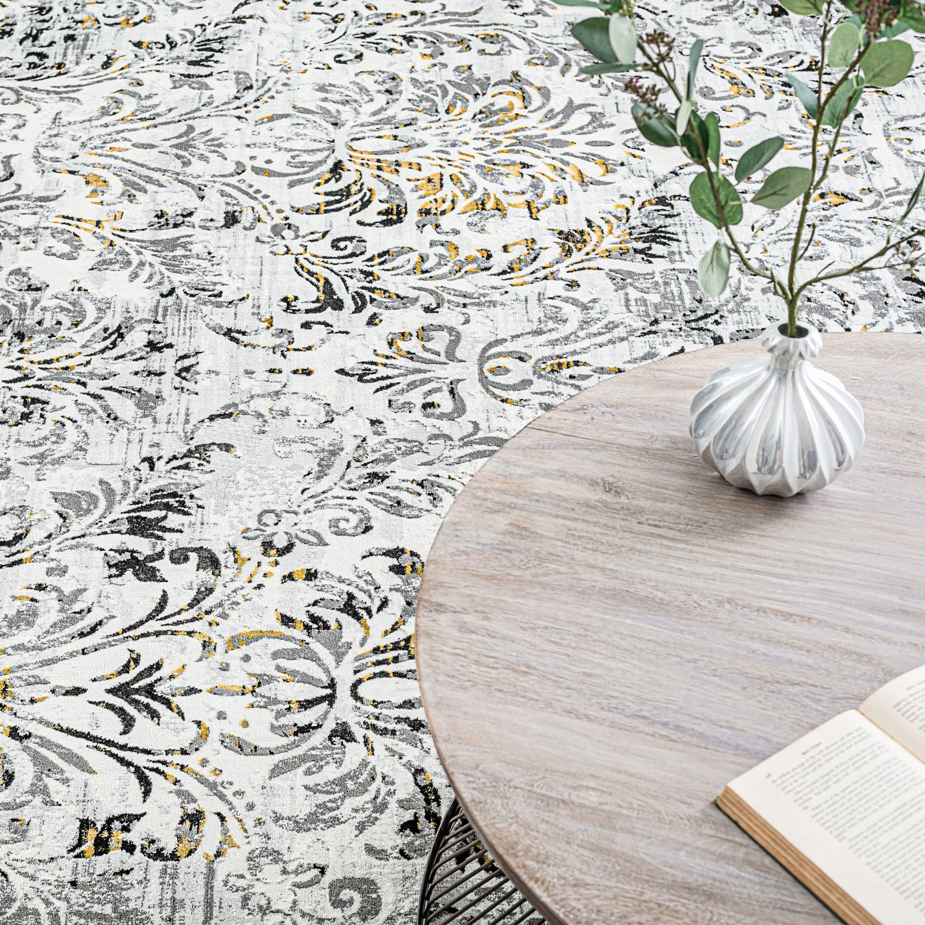 Transitional 5x7 Area Rug (5'3'' x 7'3'') Damask Yellow, Gray Living Room Easy to Clean