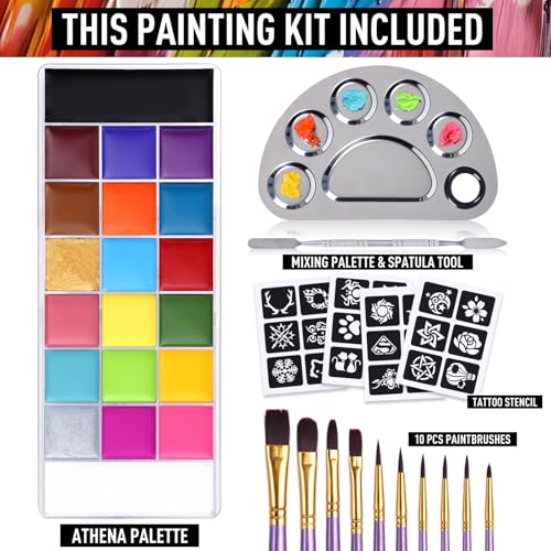 UCANBE Athena Face Body Paint Oil Makeup Set, 20 Colors FX Halloween Party Painting with Stainless Steel Mixing Palette and Spatula Tool,10 pcs Artist Paintbrushes,Tattoo Stencil Arts Crafts kit
