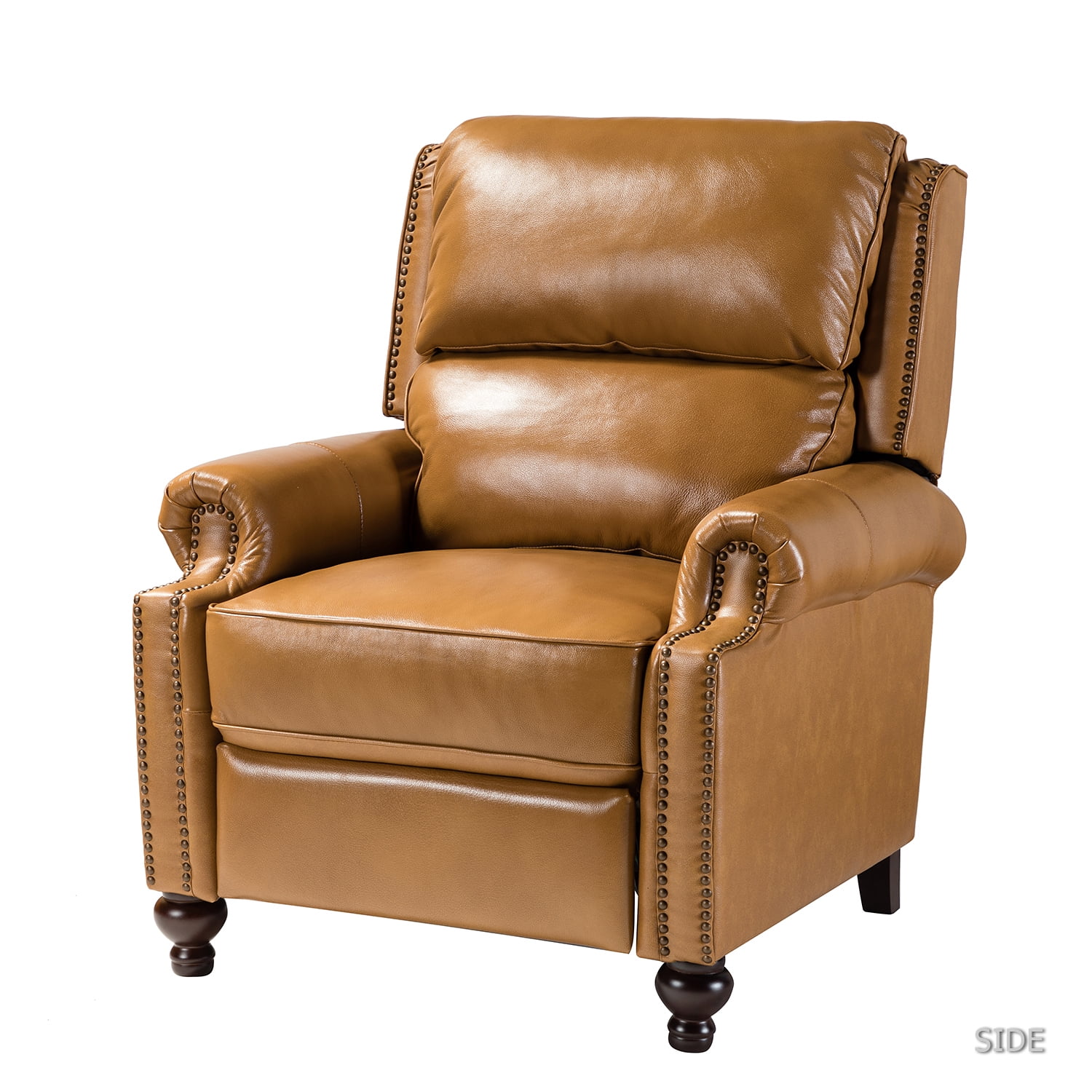 Genuine Leather Recliner Chair Mid-century Modern Wood Legs Nailhead Trim Armchair Living Room Office Camel