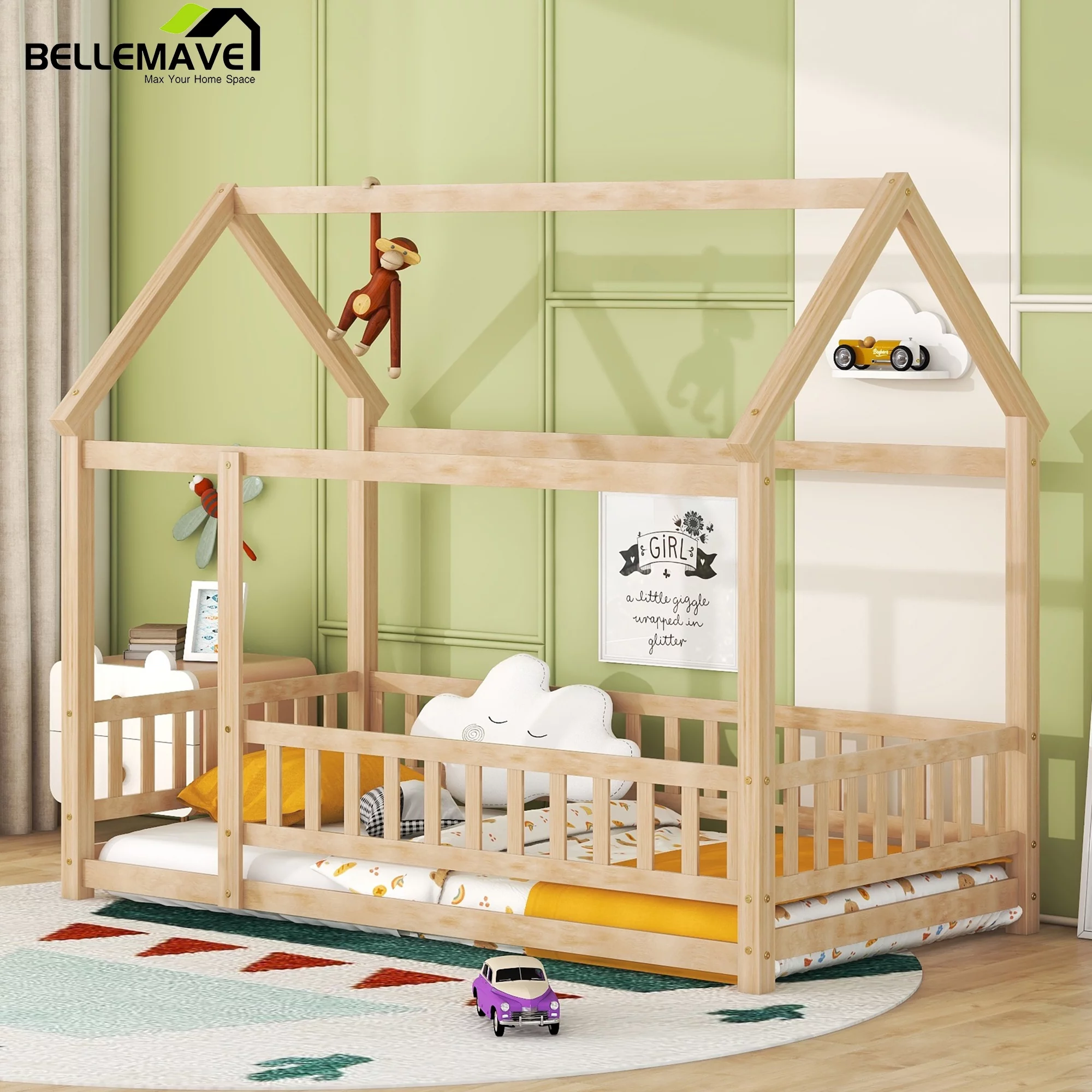 Bellemave Twin Size House Floor Bed with Fence Guardrails Playhouse Bed Frame Twin Wooden Floor Bed Montessori House Bed for Kids, Toddler, Boy, Girl, Natural Brown