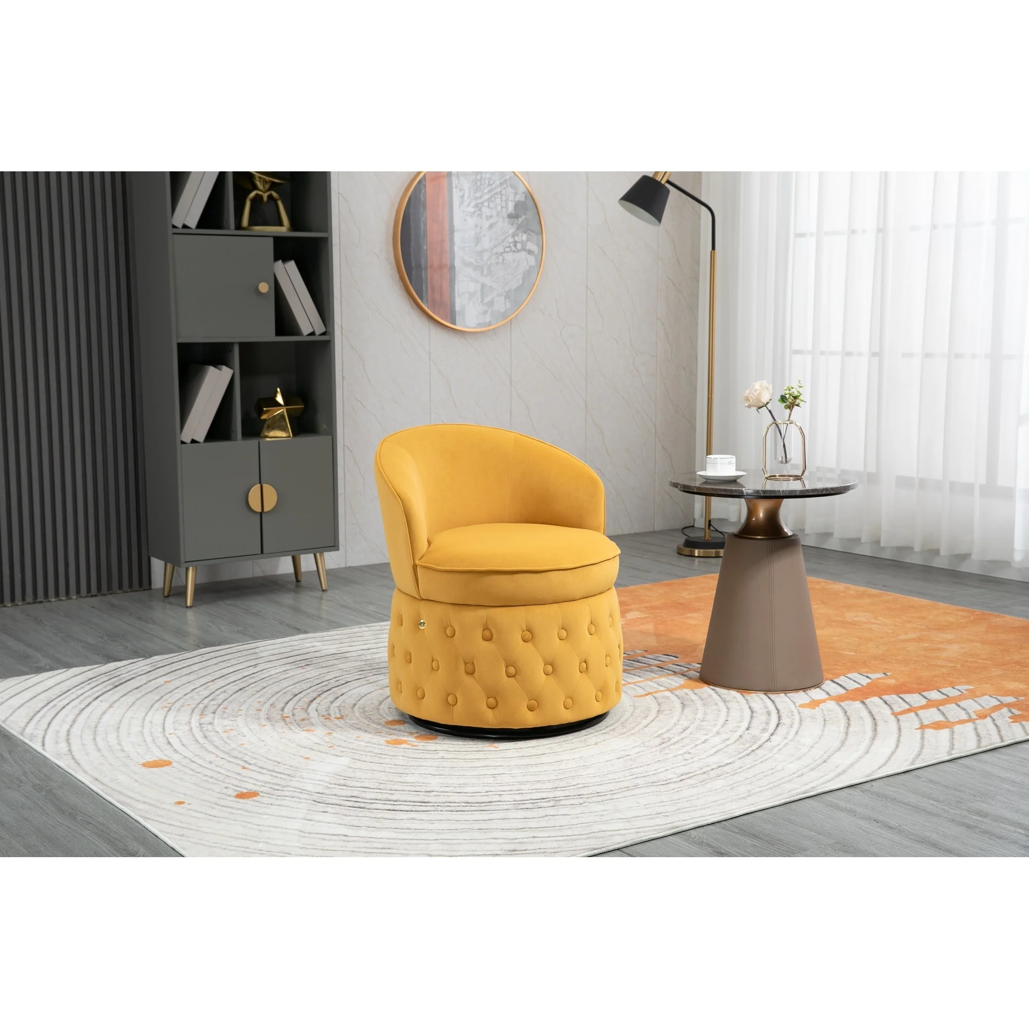 Velvet Upholstered 360 Degree Swivel Tufted Round Barrel Chair Yellow