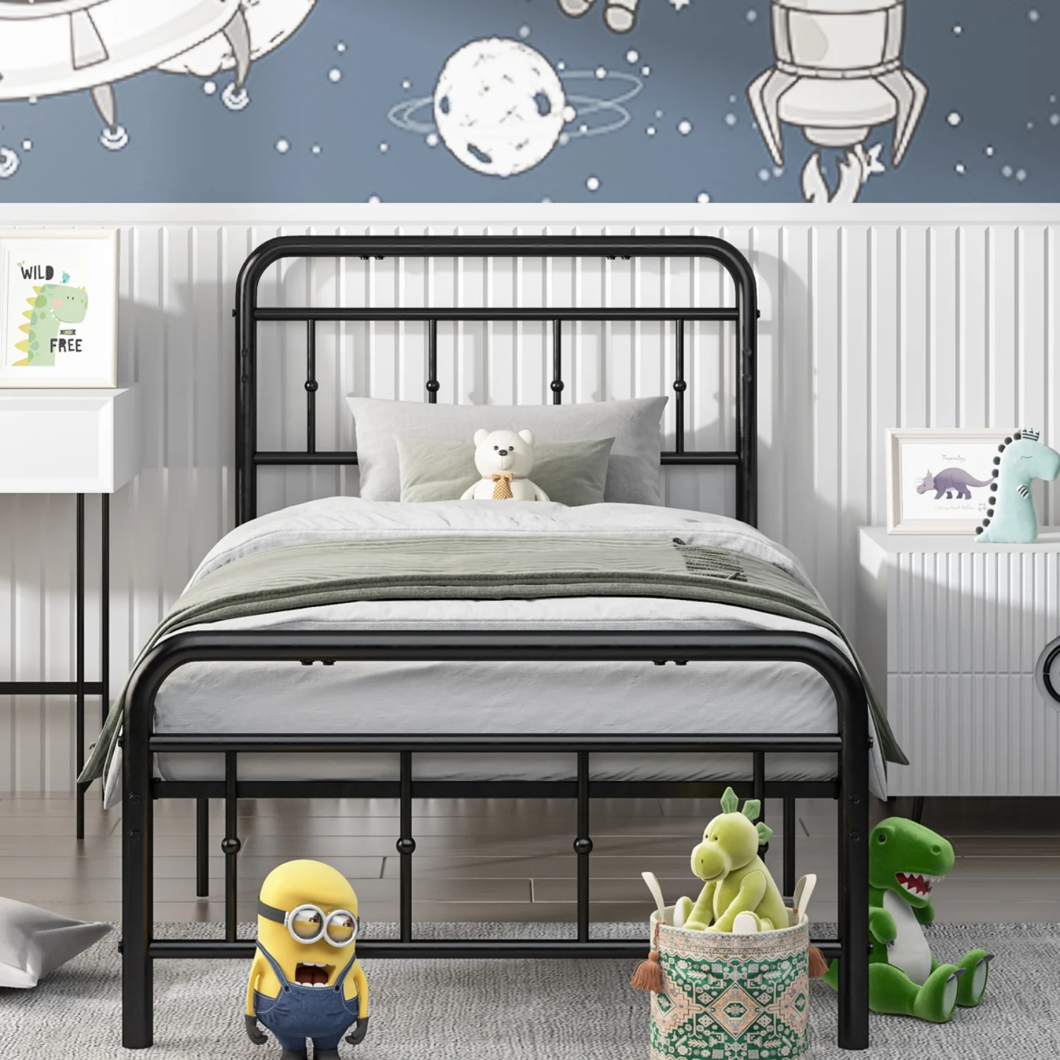 4 EVER WINNER Twin Size Metal Bed Frame with Headboard and Footboard, Twin Bed Frame for Girls, Boys, Kids, No Box Spring Needed, Vintage Style