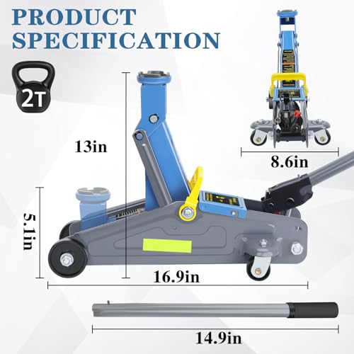 2-Ton Hydraulic Trolley Floor Jack Combo with Safety Pin 2 Jack Stands(3 Tons), Floor Jack with Single Piston Quick Lift Pump,Reflective Strips Suitable for Night Use,Blue