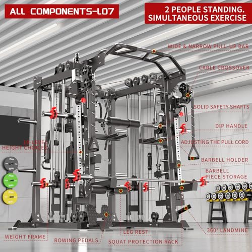 L05/07 Smith Machine，Multi-Function Squat Rack Power Cage with Cable Crossover System,with Weight Bench, Olympic Barbell Weight Set, for Home Gym