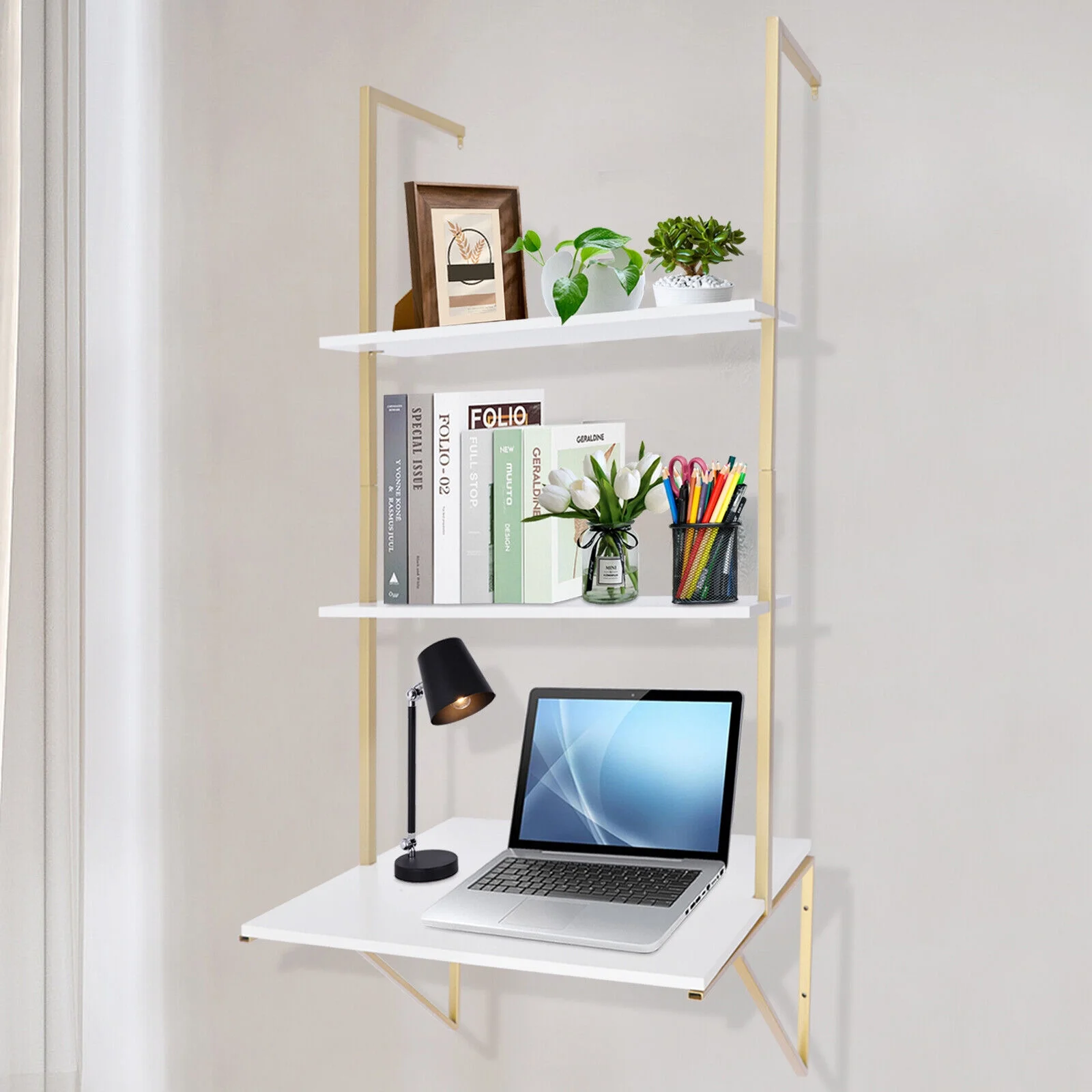 Wall-mounted Desk 3 Tier White Ladder Desk Max. Load: 20kg/44.09lbs W/Brackets 3-Tier Ladder Shelf Bookcase Bookshelf Drawers Wall Mount Living Room Bedroom Wall Mount Ladder Desk