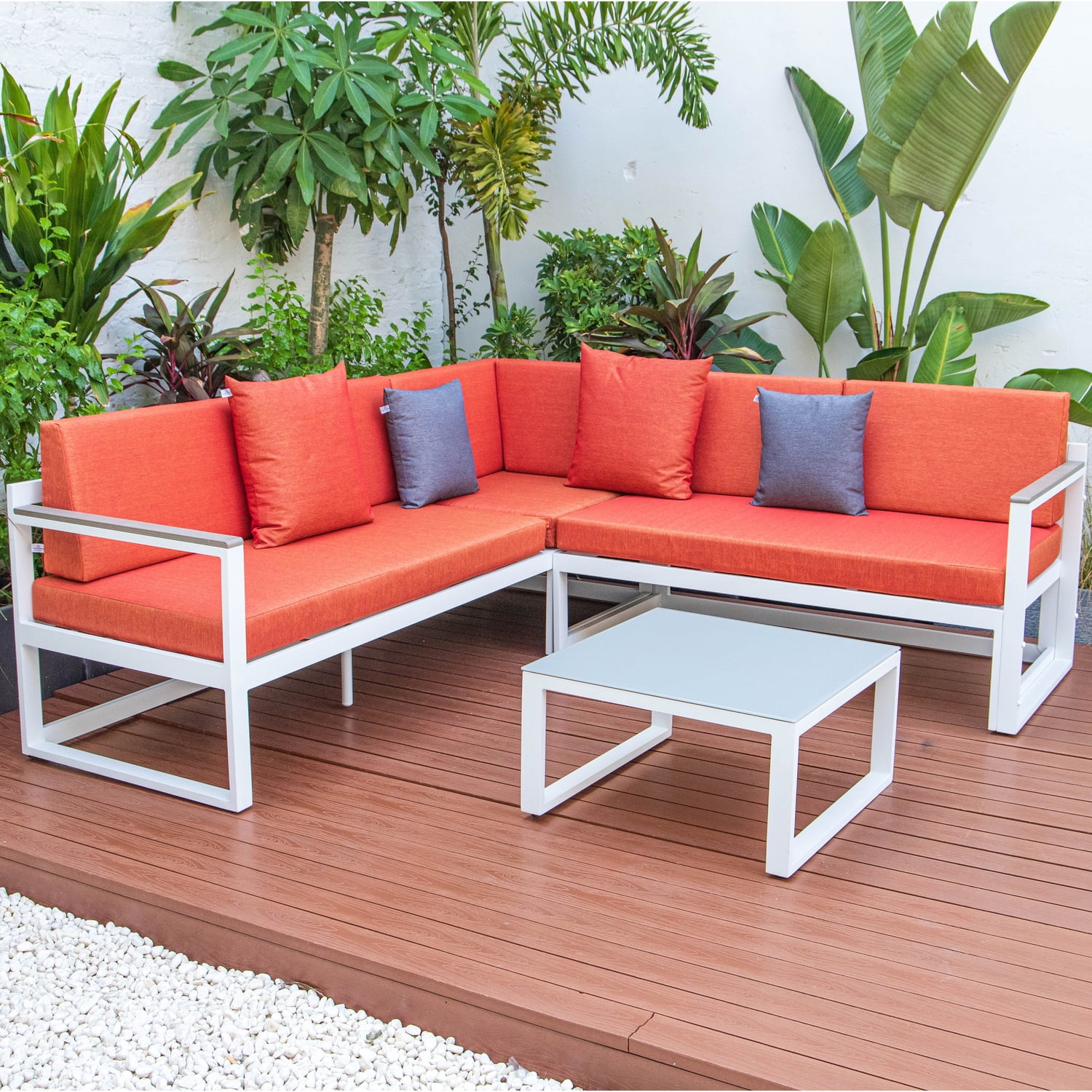 Maykoosh Mountain Lodge White Sectional With Adjustable Headrest & Coffee Table With Two Tone Cushions