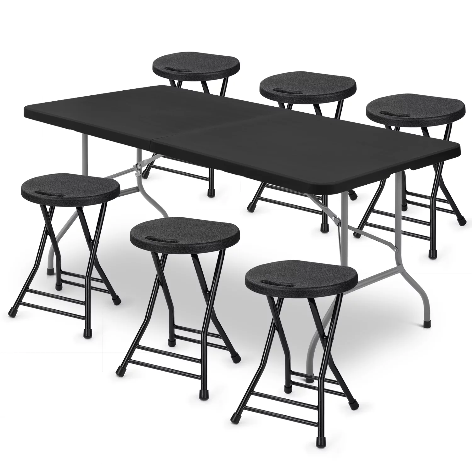 Magshion 7 Pieces 6 FT Folding Table and Chair Set, Card Table with Handle, Portable Stools for Indoor Outdoor Party, Black