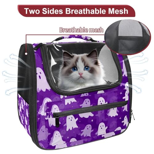 Cat Carrier Backpack for Small/Medium Pets, Breathable Mesh Pet Backpack Travel Puppy Carry for Camping Outdoor - Halloween Hat Witch Bats Stars Night Purple Background