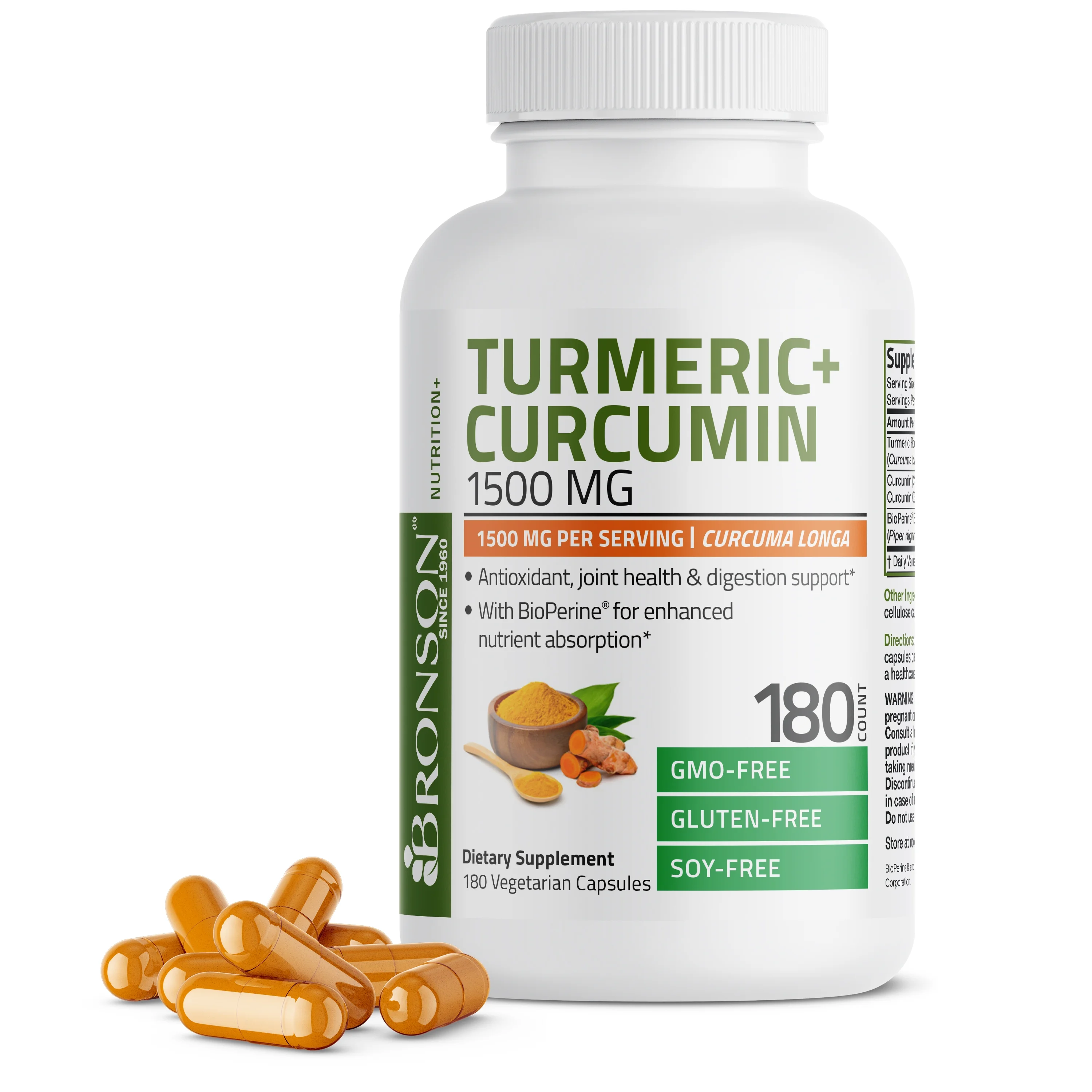 Bronson Turmeric Curcumin 1500 MG per Serving Antioxidant, Joint & Digestion Support with BioPerine, Non-GMO, 180 Vegetarian Capsules